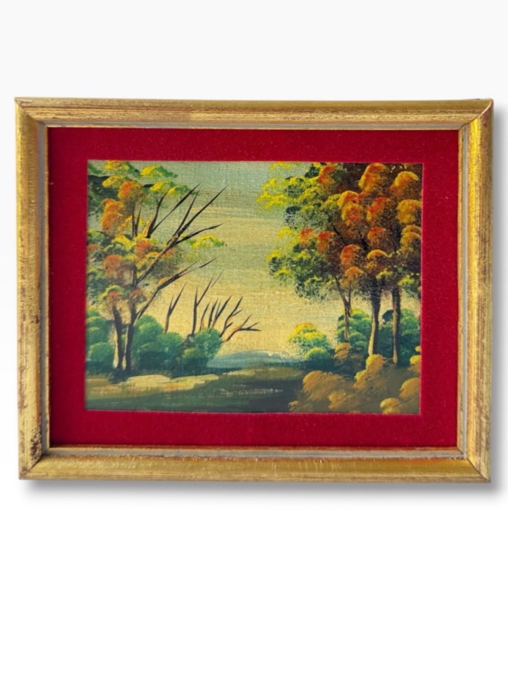 Vintage Autumn Trees Landscape Small Mini Giclee Painting Framed 5x6 in.